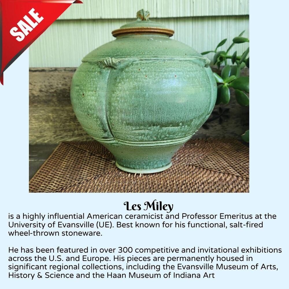 Vintage Stoneware Pot with Lid 13"H | Les Miley! Master Potter, Celadon Green - Picture 3 of 13